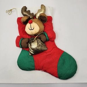Nylon Plush Reindeer Large Vintage Stocking Christmas Holiday Decor Red Green